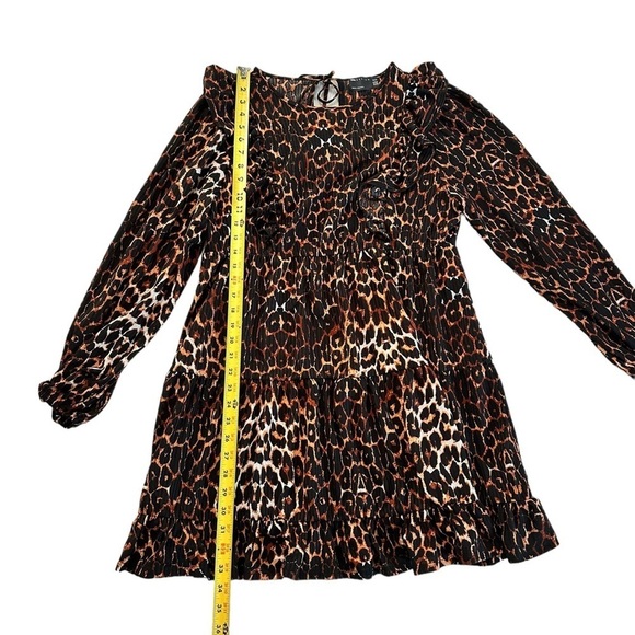 ASOS DESIGN Frill Front Long Sleeve Mini Smock Dress Leopard Print Size 12 - Picture 11 of 17
